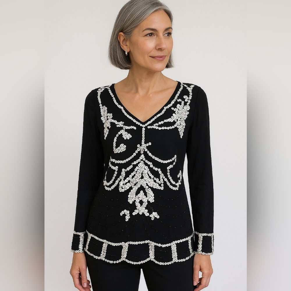 ALEXANDRA ROSATI Bkack Sheer Silver Squiens  Size L NWT